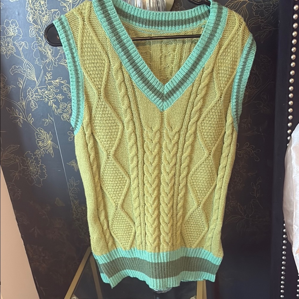 Yellow and Green V-Neck Cable Knit Sweater